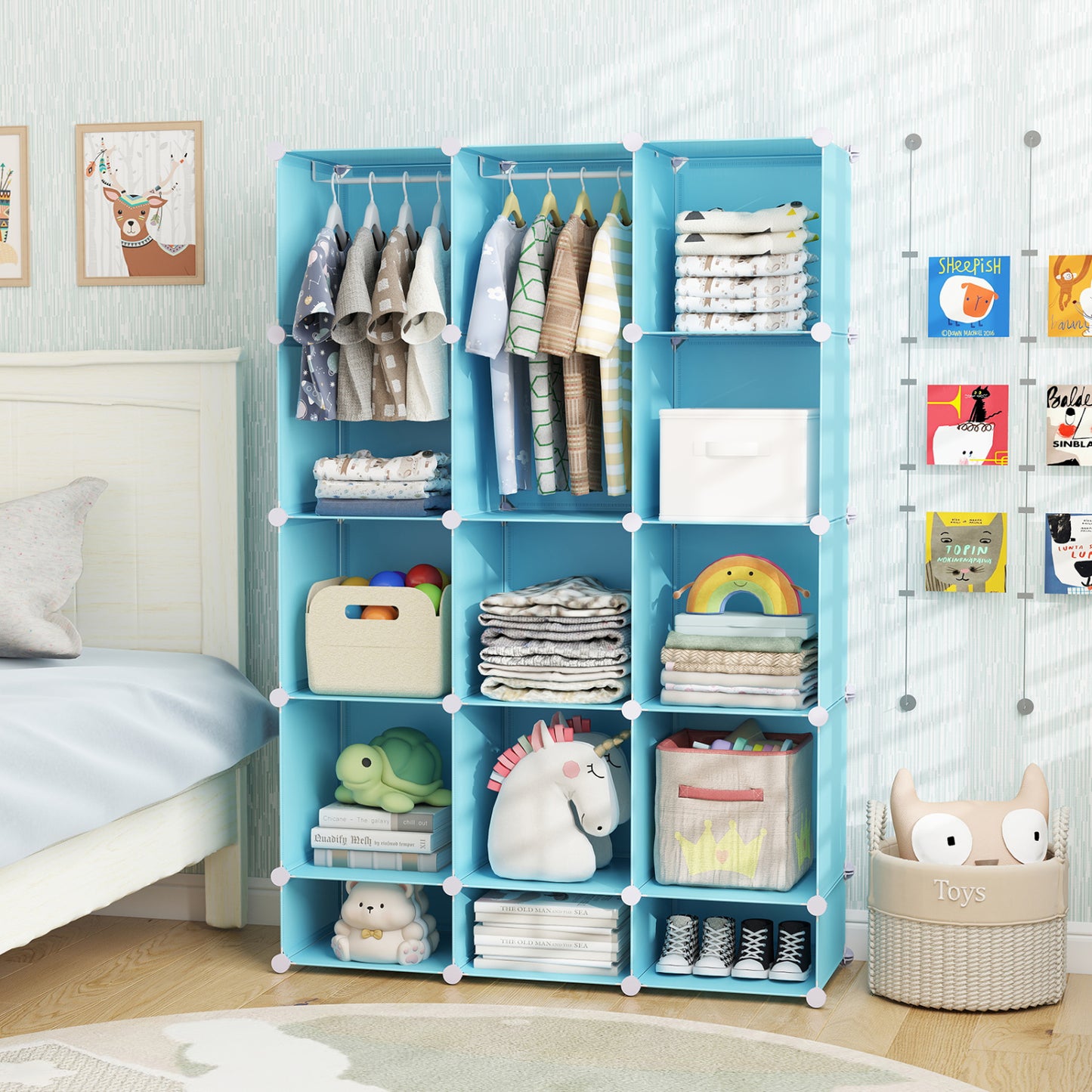 Modular Baby Wardrobe with 13 Cubes and Hanging Rod and Shelves Stackable, Blue
