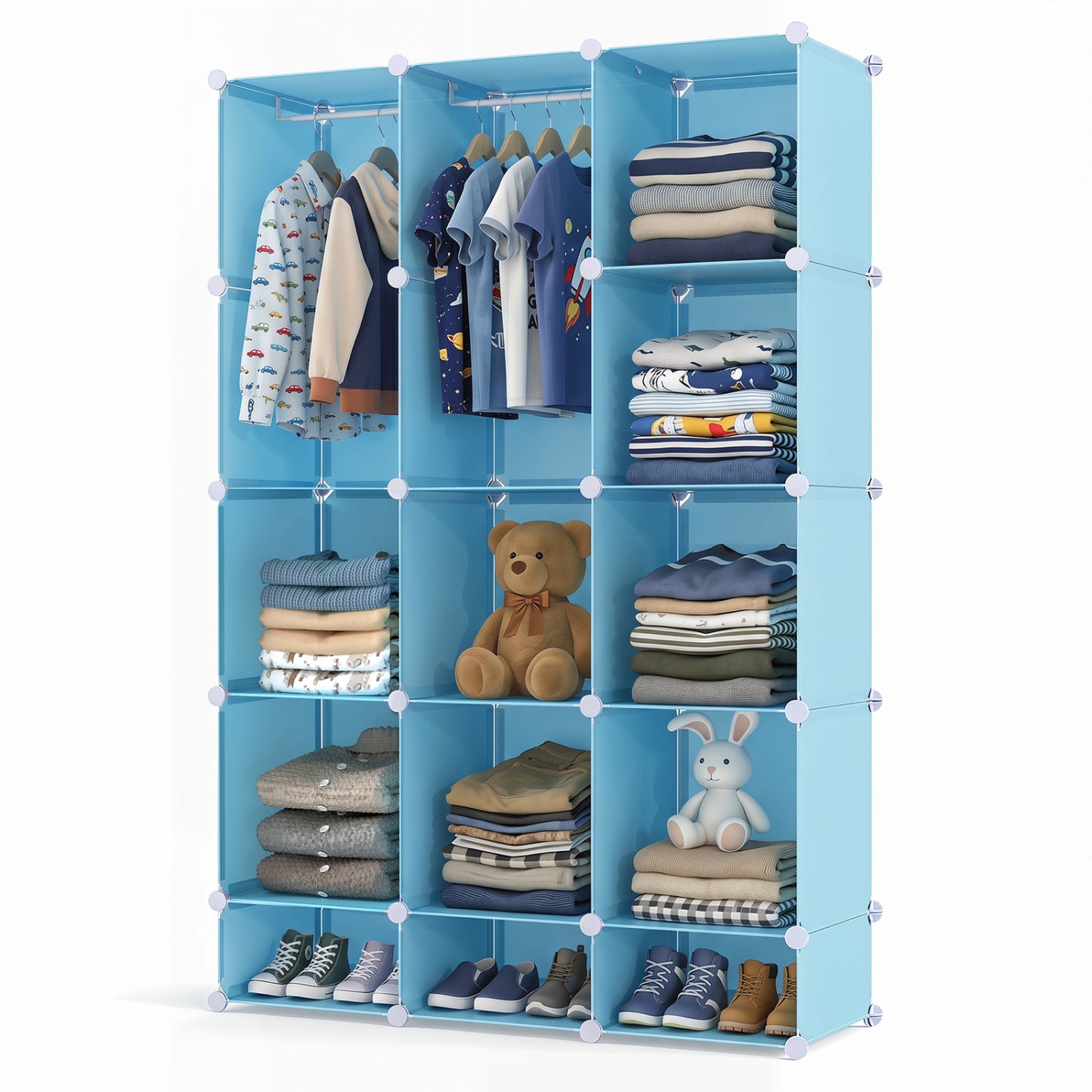 Modular Baby Wardrobe with 13 Cubes and Hanging Rod and Shelves Stackable, Blue