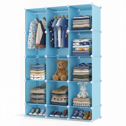 Modular Baby Wardrobe with 13 Cubes and Hanging Rod and Shelves Stackable, Blue