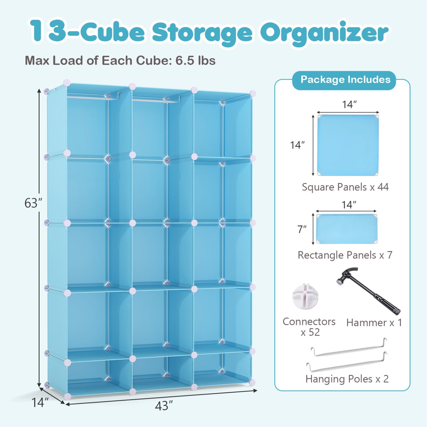 Modular Baby Wardrobe with 13 Cubes and Hanging Rod and Shelves Stackable, Blue