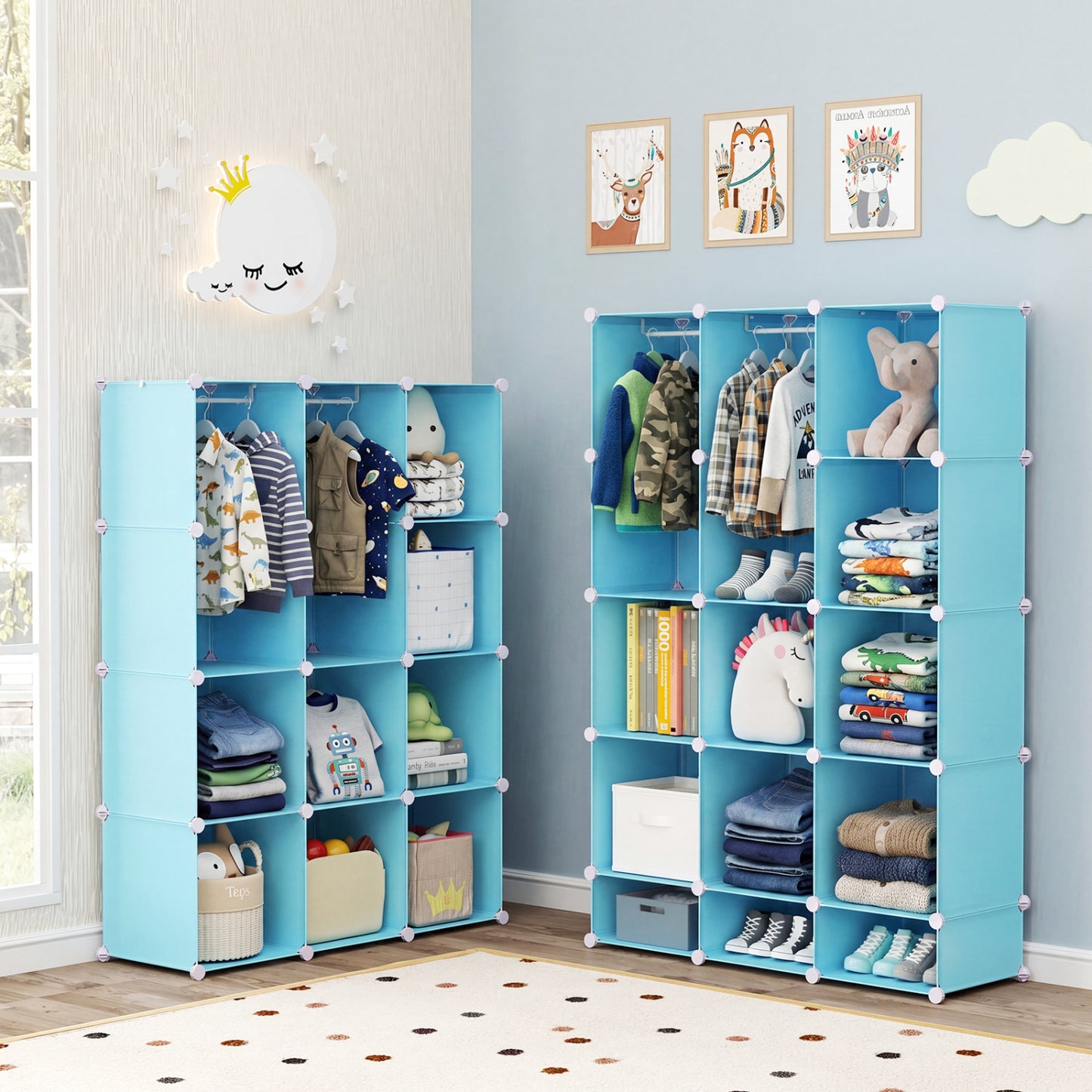 Modular Baby Wardrobe with 13 Cubes and Hanging Rod and Shelves Stackable, Blue