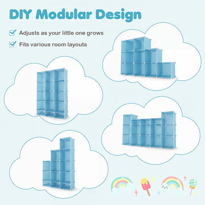 Modular Baby Wardrobe with 13 Cubes and Hanging Rod and Shelves Stackable, Blue
