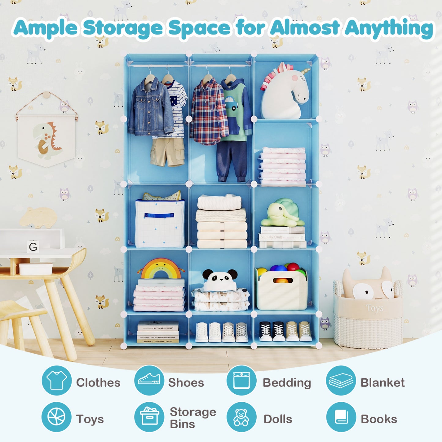 Modular Baby Wardrobe with 13 Cubes and Hanging Rod and Shelves Stackable, Blue