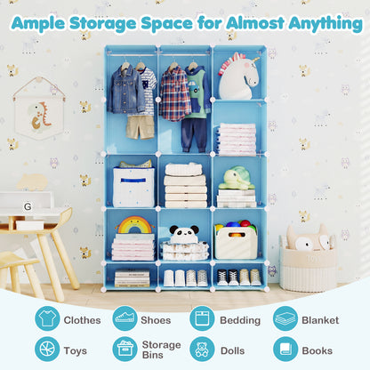 Modular Baby Wardrobe with 13 Cubes and Hanging Rod and Shelves Stackable, Blue