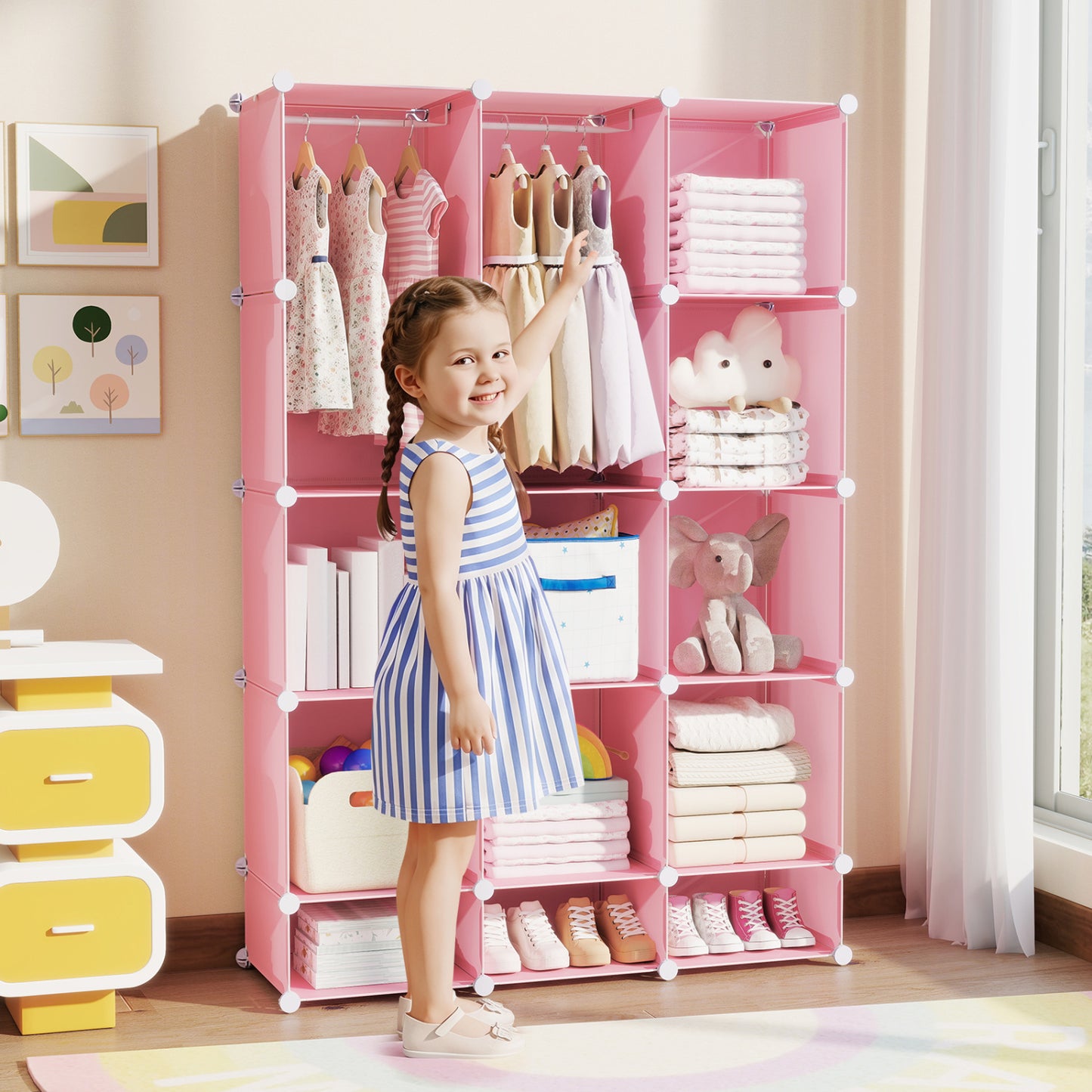 Modular Baby Wardrobe with 13 Cubes and Hanging Rod and Shelves Stackable, Pink