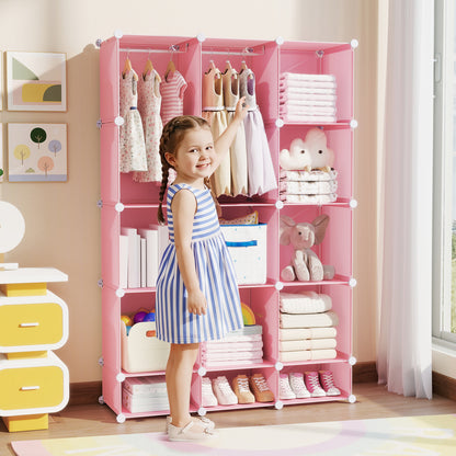 Modular Baby Wardrobe with 13 Cubes and Hanging Rod and Shelves Stackable, Pink