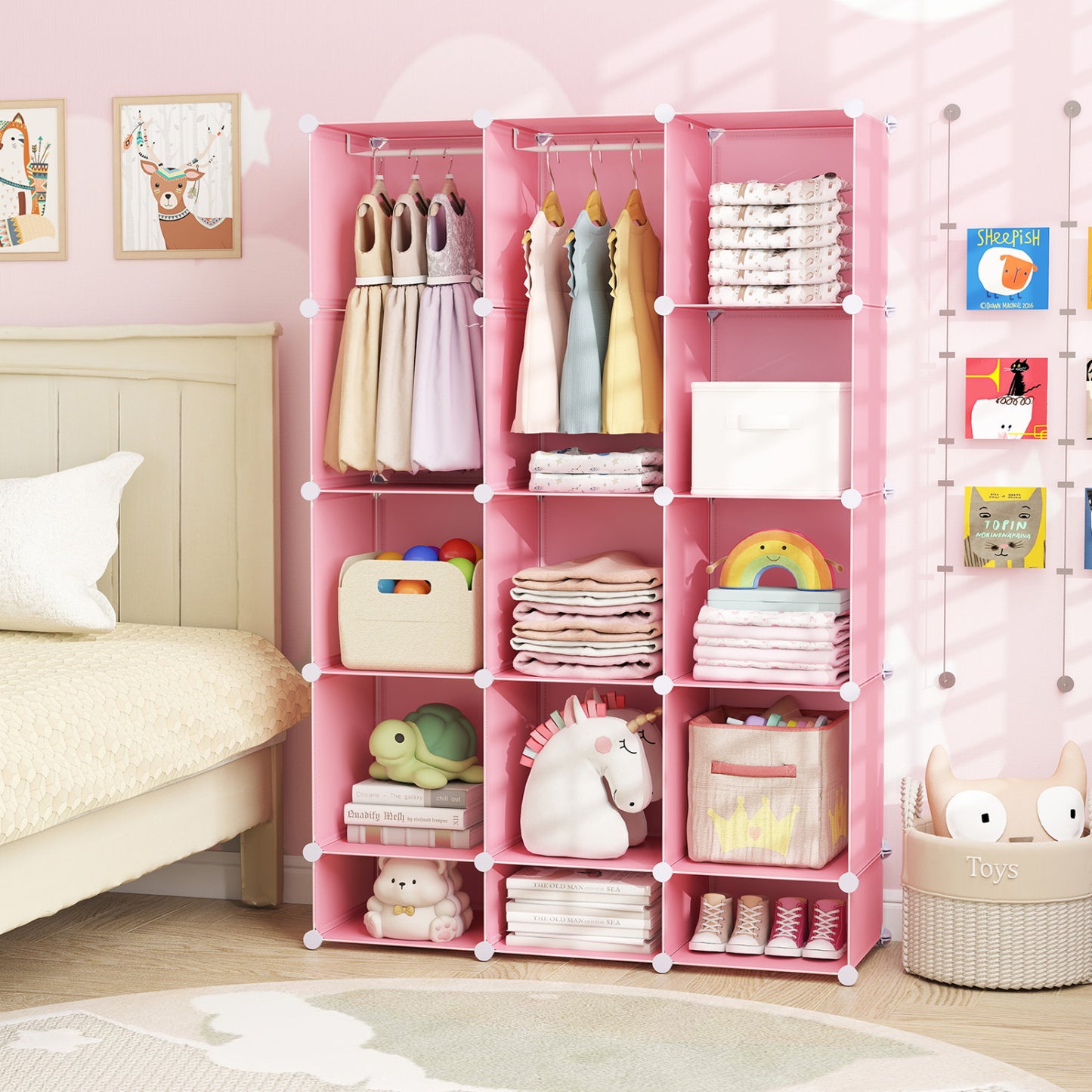 Modular Baby Wardrobe with 13 Cubes and Hanging Rod and Shelves Stackable, Pink