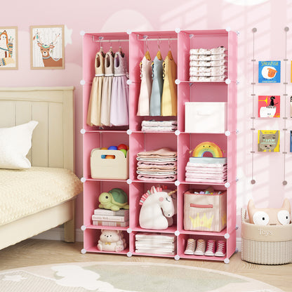 Modular Baby Wardrobe with 13 Cubes and Hanging Rod and Shelves Stackable, Pink