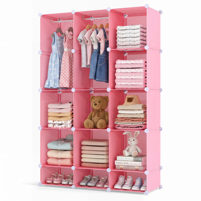 Modular Baby Wardrobe with 13 Cubes and Hanging Rod and Shelves Stackable, Pink