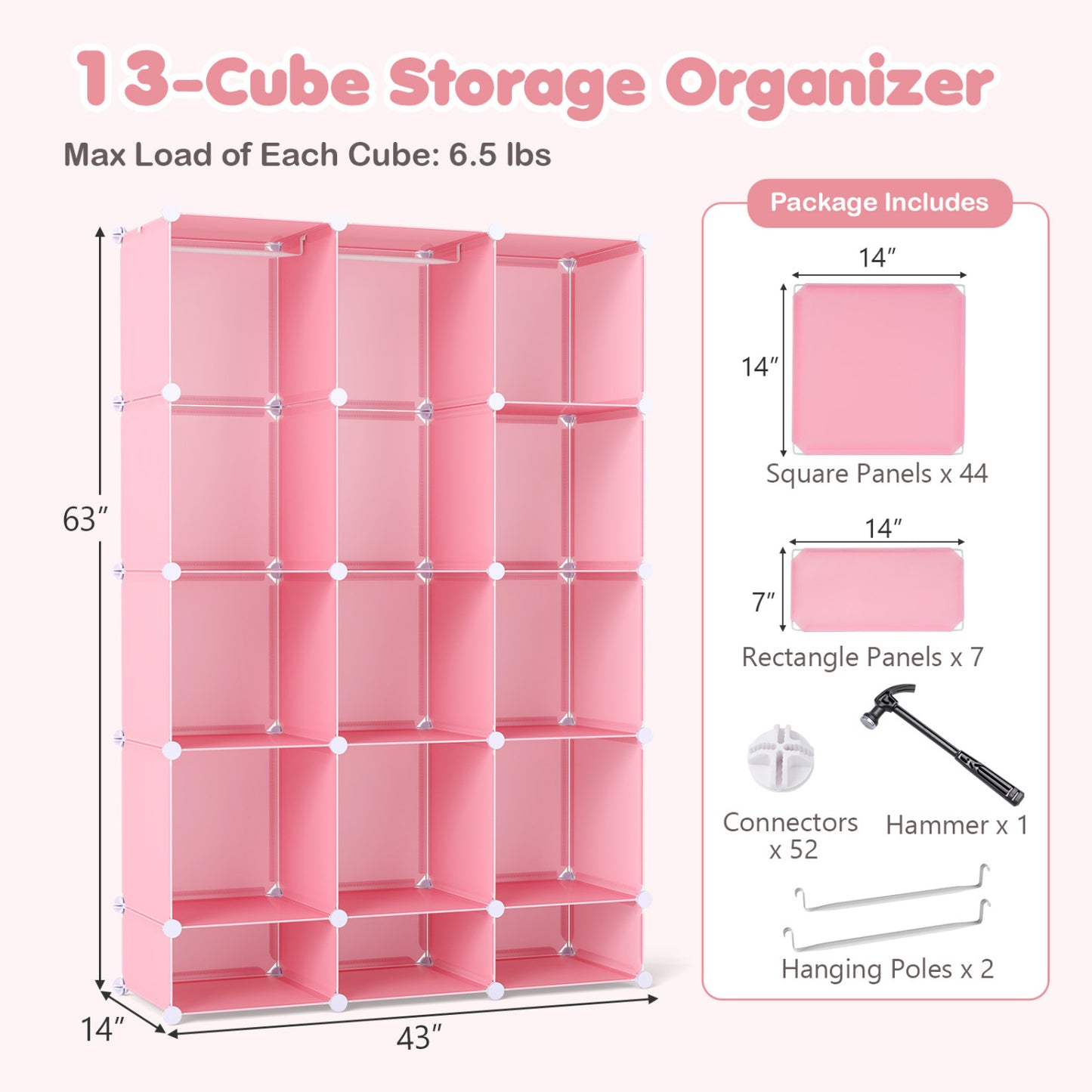 Modular Baby Wardrobe with 13 Cubes and Hanging Rod and Shelves Stackable, Pink