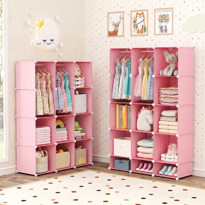 Modular Baby Wardrobe with 13 Cubes and Hanging Rod and Shelves Stackable, Pink