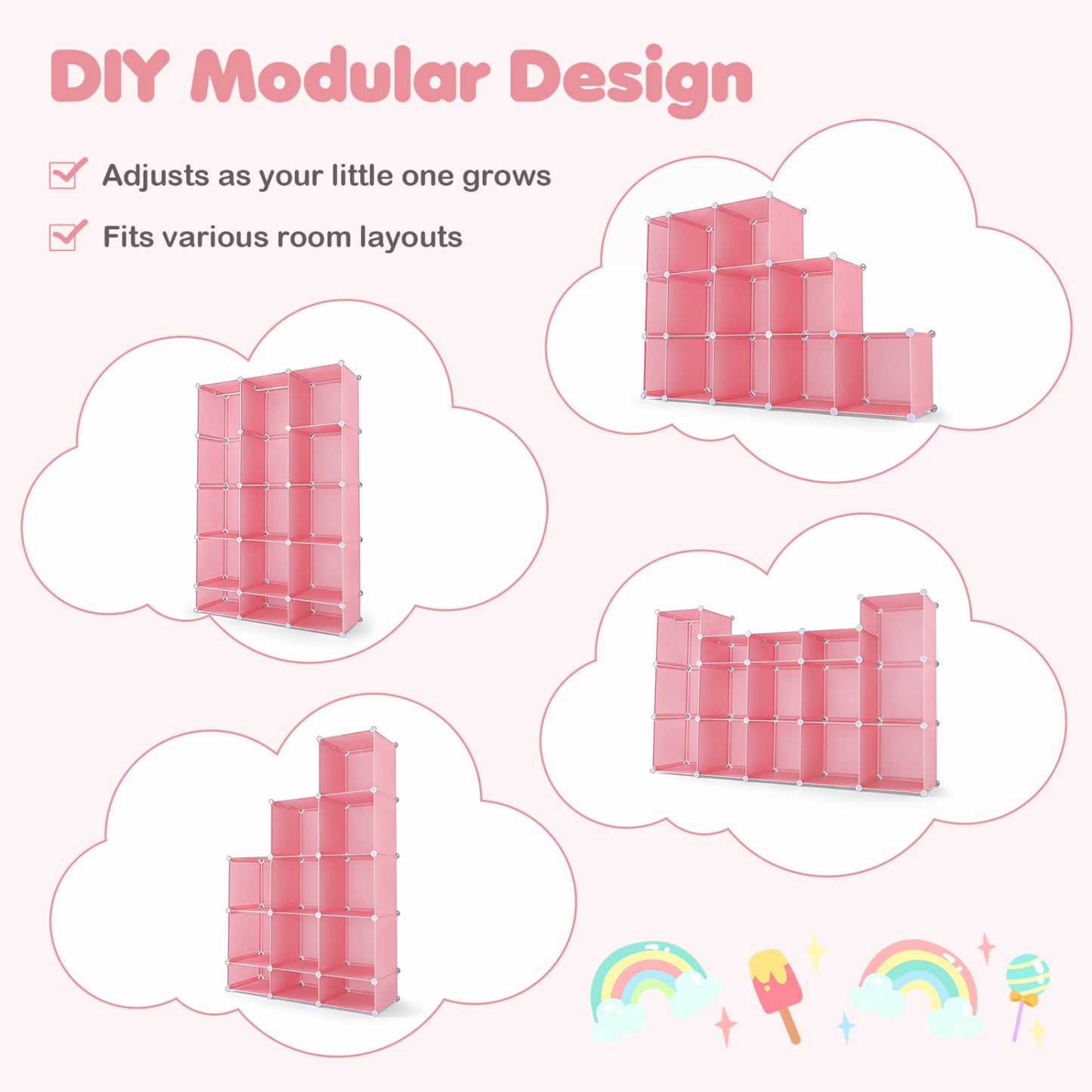 Modular Baby Wardrobe with 13 Cubes and Hanging Rod and Shelves Stackable, Pink