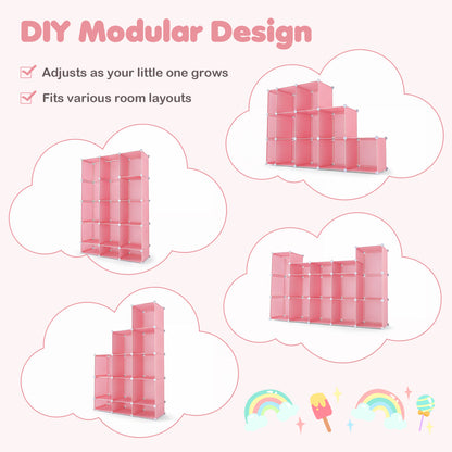 Modular Baby Wardrobe with 13 Cubes and Hanging Rod and Shelves Stackable, Pink