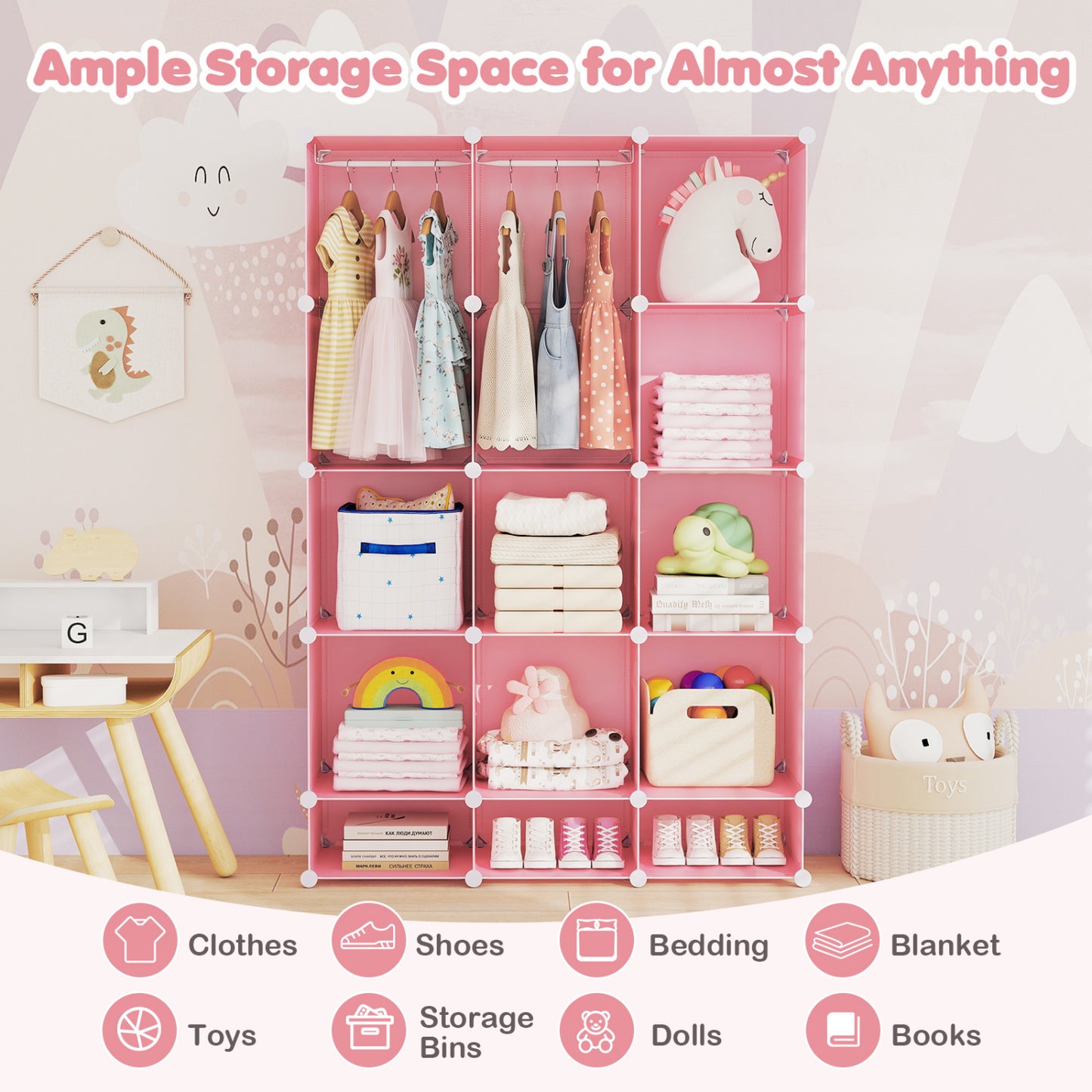 Modular Baby Wardrobe with 13 Cubes and Hanging Rod and Shelves Stackable, Pink