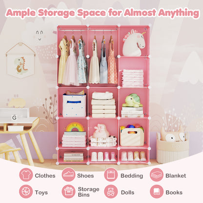 Modular Baby Wardrobe with 13 Cubes and Hanging Rod and Shelves Stackable, Pink