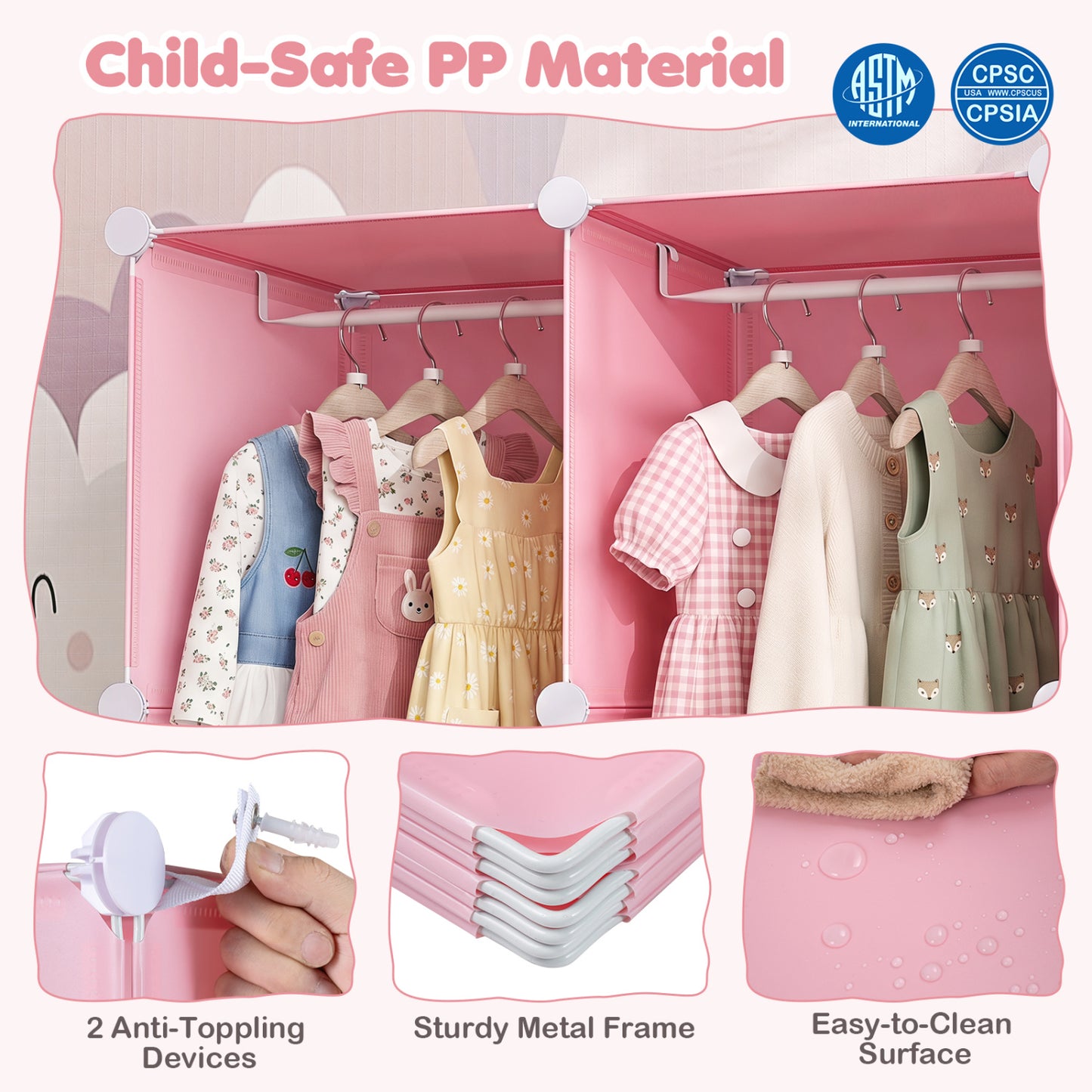 Modular Baby Wardrobe with 13 Cubes and Hanging Rod and Shelves Stackable, Pink