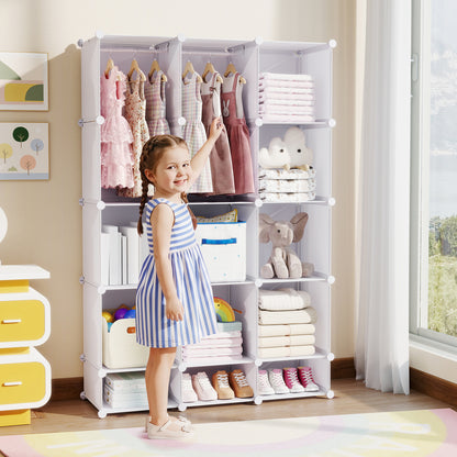 Modular Baby Wardrobe with 13 Cubes and Hanging Rod and Shelves Stackable, White