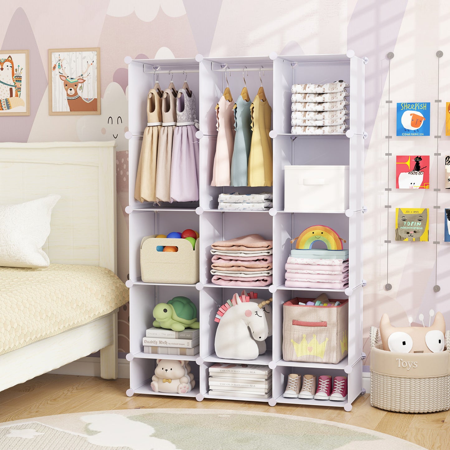 Modular Baby Wardrobe with 13 Cubes and Hanging Rod and Shelves Stackable, White
