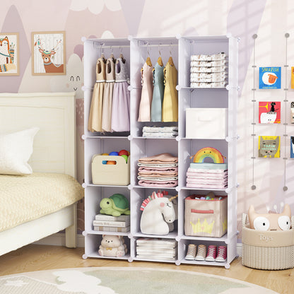Modular Baby Wardrobe with 13 Cubes and Hanging Rod and Shelves Stackable, White