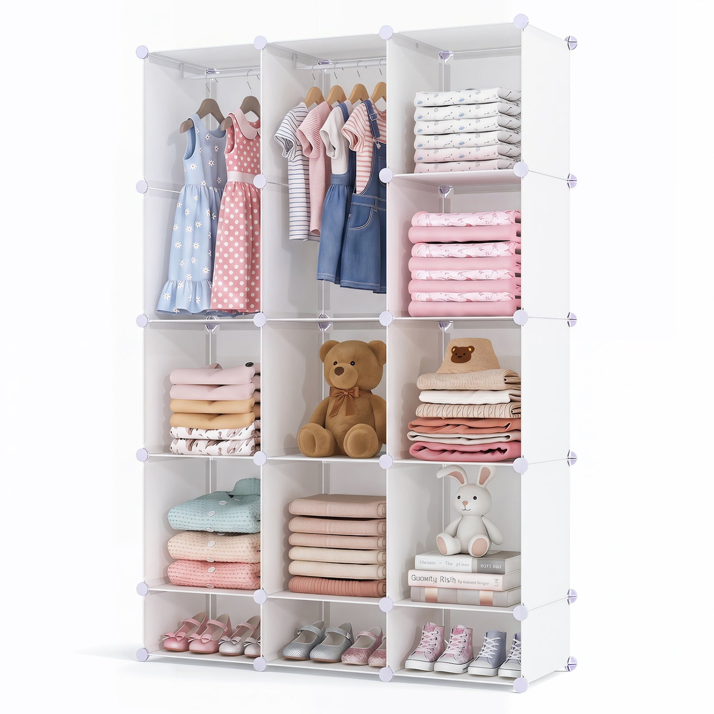 Modular Baby Wardrobe with 13 Cubes and Hanging Rod and Shelves Stackable, White