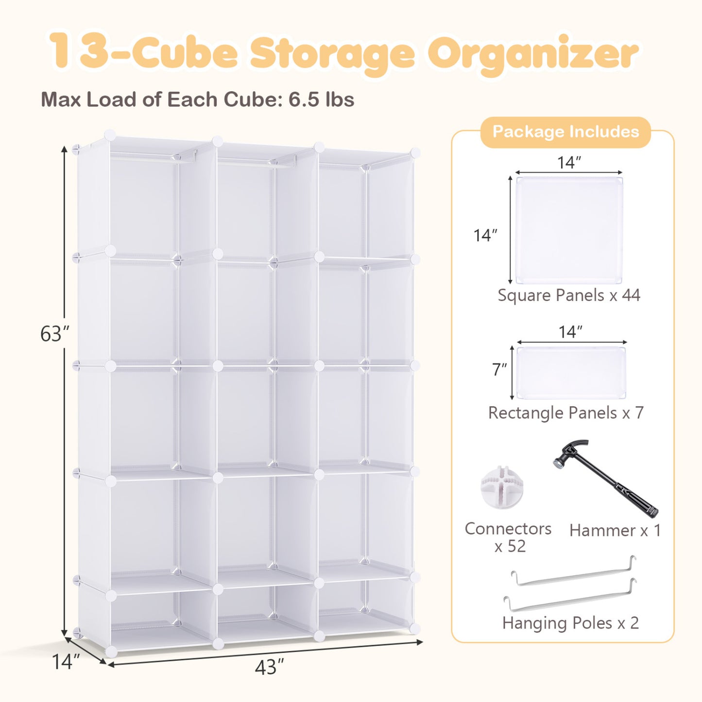 Modular Baby Wardrobe with 13 Cubes and Hanging Rod and Shelves Stackable, White