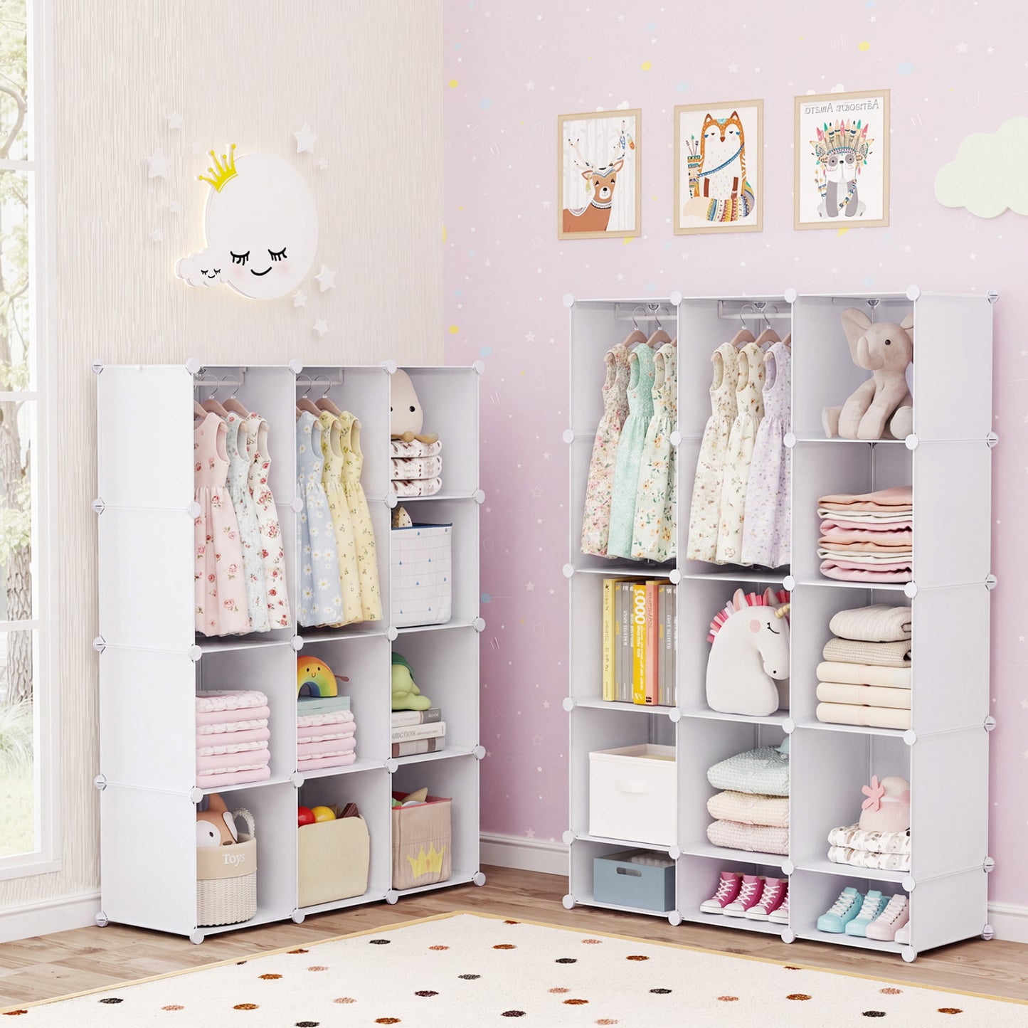 Modular Baby Wardrobe with 13 Cubes and Hanging Rod and Shelves Stackable, White