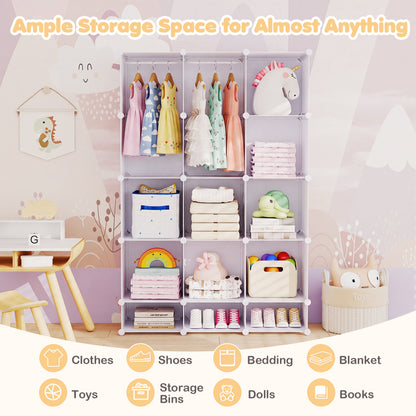 Modular Baby Wardrobe with 13 Cubes and Hanging Rod and Shelves Stackable, White