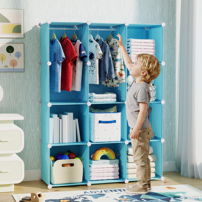 Modular Baby Wardrobe with 10 Cubes & Hanging Rod and Shelves Stackable, Blue