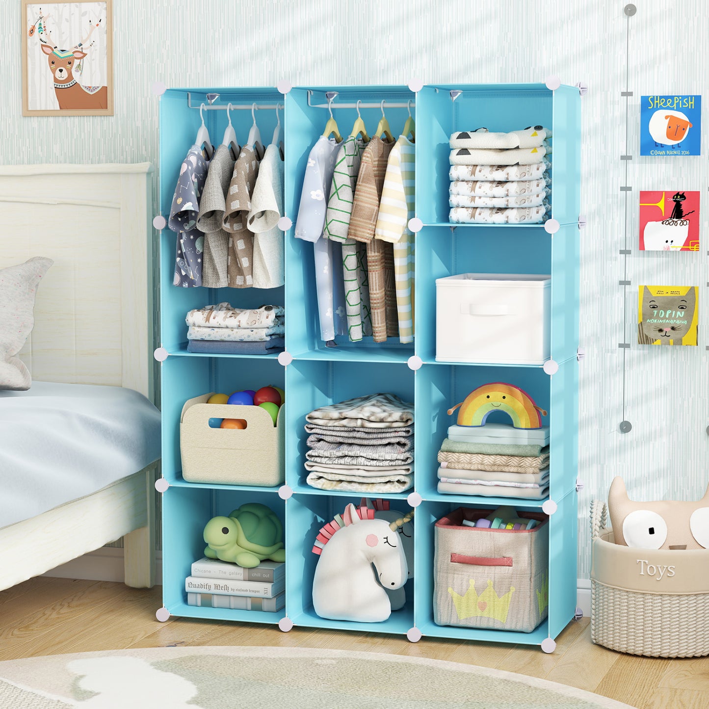 Modular Baby Wardrobe with 10 Cubes & Hanging Rod and Shelves Stackable, Blue