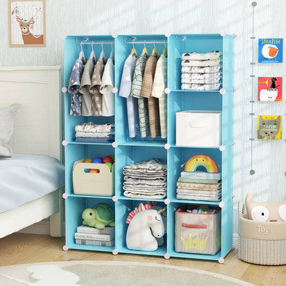 Modular Baby Wardrobe with 10 Cubes & Hanging Rod and Shelves Stackable, Blue