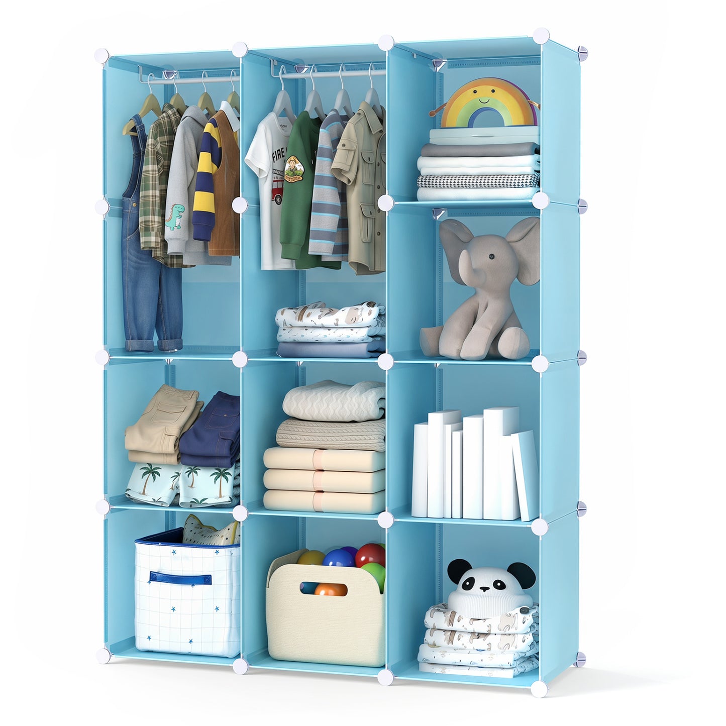 Modular Baby Wardrobe with 10 Cubes & Hanging Rod and Shelves Stackable, Blue