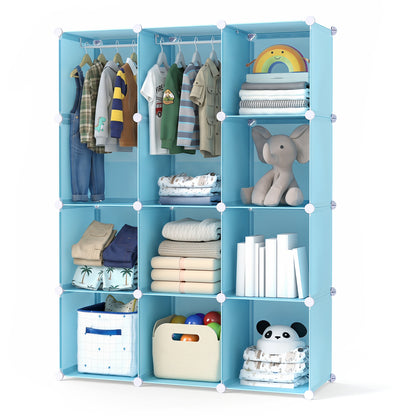 Modular Baby Wardrobe with 10 Cubes & Hanging Rod and Shelves Stackable, Blue