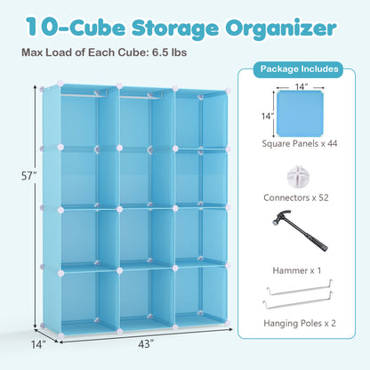 Modular Baby Wardrobe with 10 Cubes & Hanging Rod and Shelves Stackable, Blue