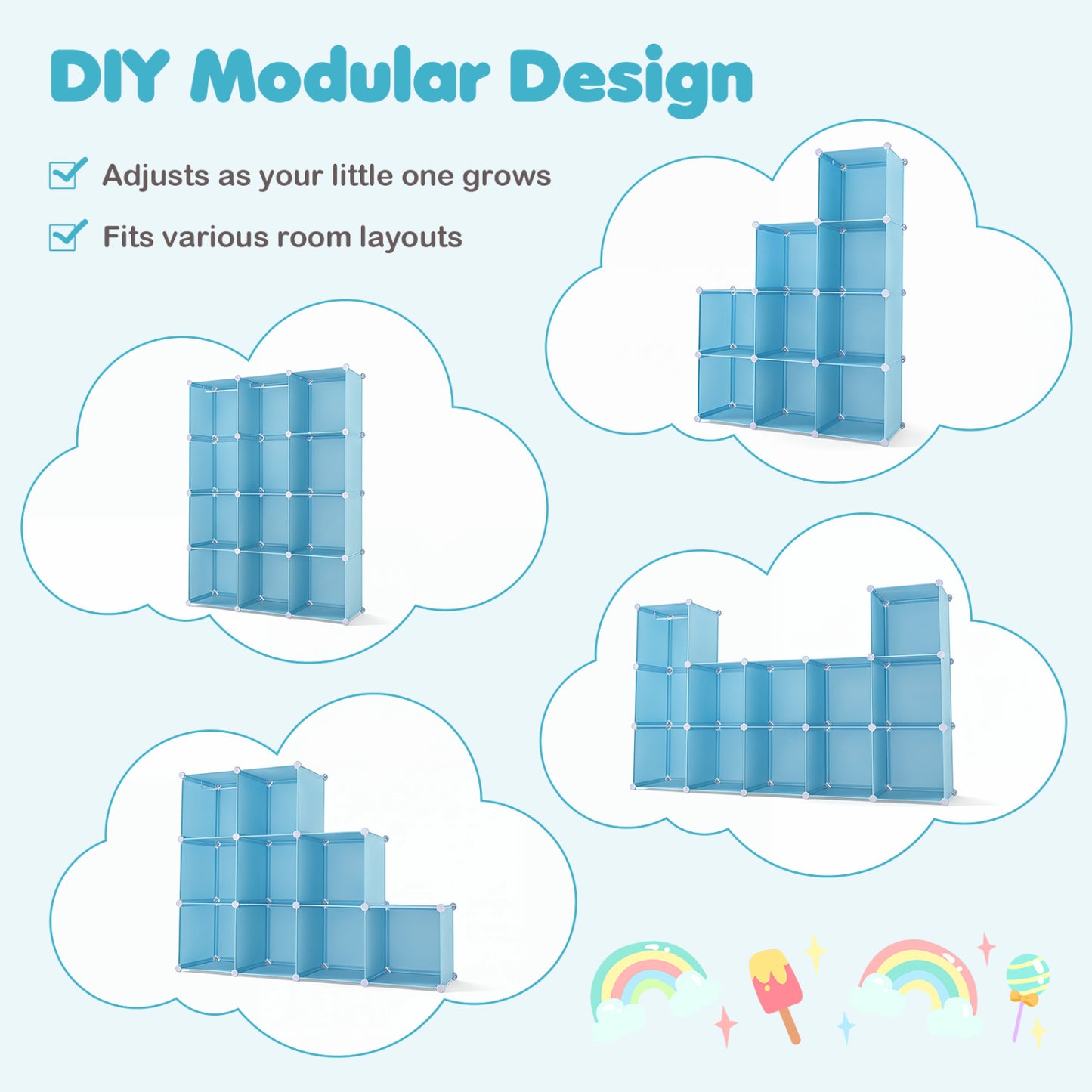 Modular Baby Wardrobe with 10 Cubes & Hanging Rod and Shelves Stackable, Blue