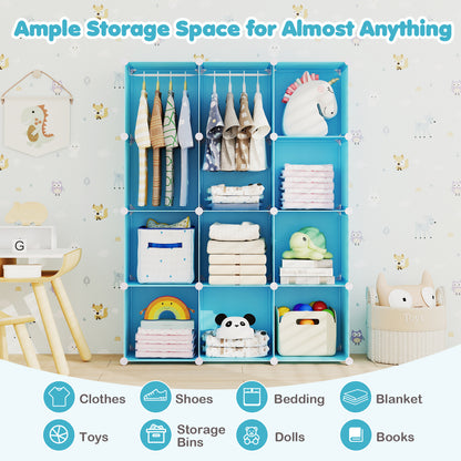 Modular Baby Wardrobe with 10 Cubes & Hanging Rod and Shelves Stackable, Blue