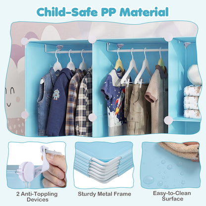 Modular Baby Wardrobe with 10 Cubes & Hanging Rod and Shelves Stackable, Blue