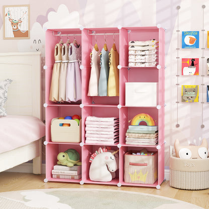 Modular Baby Wardrobe with 10 Cubes & Hanging Rod and Shelves Stackable, Pink