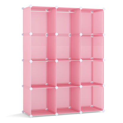 Modular Baby Wardrobe with 10 Cubes & Hanging Rod and Shelves Stackable, Pink