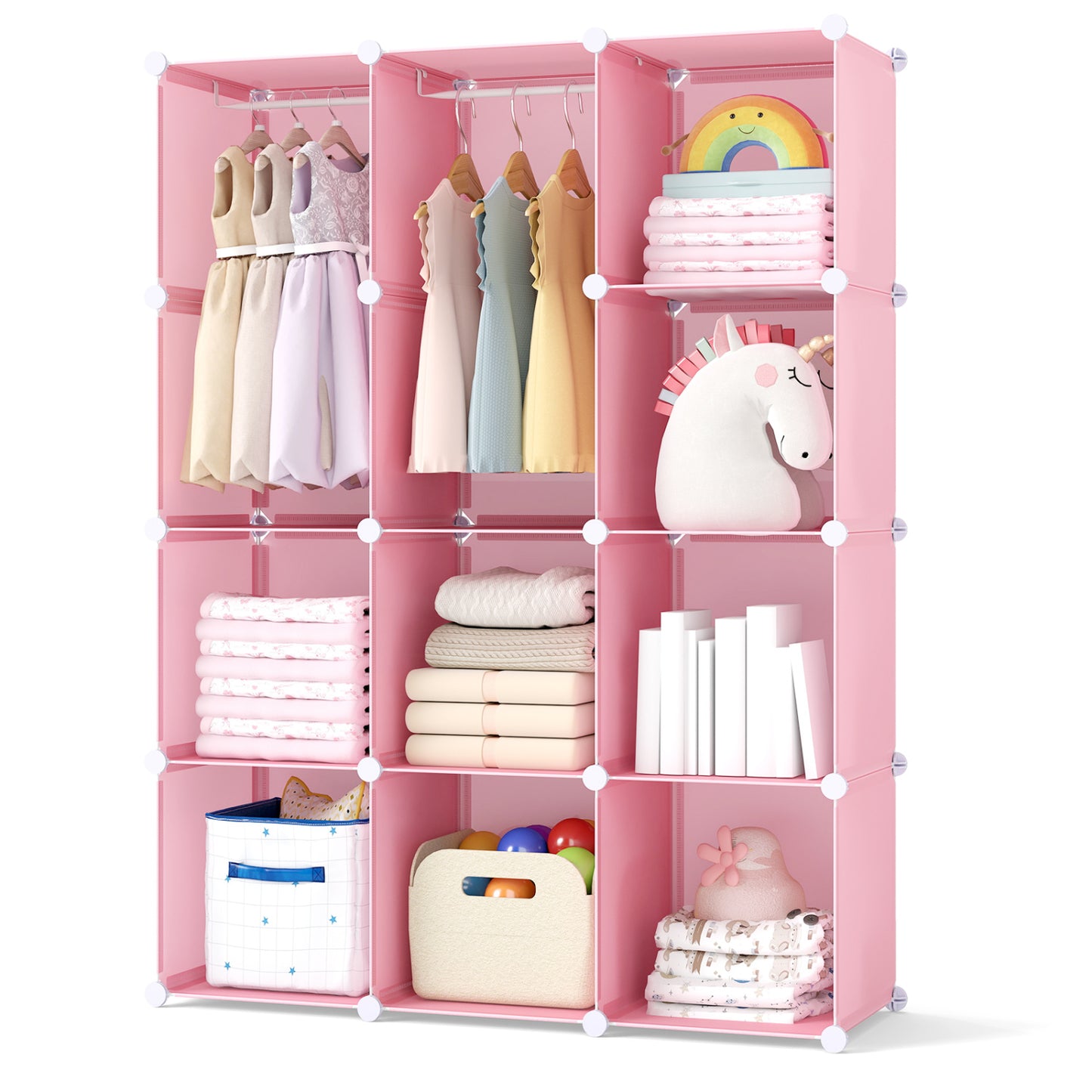 Modular Baby Wardrobe with 10 Cubes & Hanging Rod and Shelves Stackable, Pink