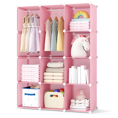Modular Baby Wardrobe with 10 Cubes & Hanging Rod and Shelves Stackable, Pink