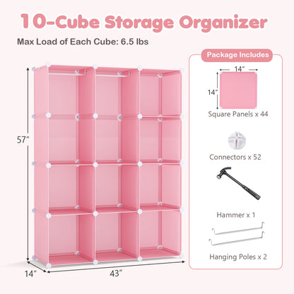 Modular Baby Wardrobe with 10 Cubes & Hanging Rod and Shelves Stackable, Pink