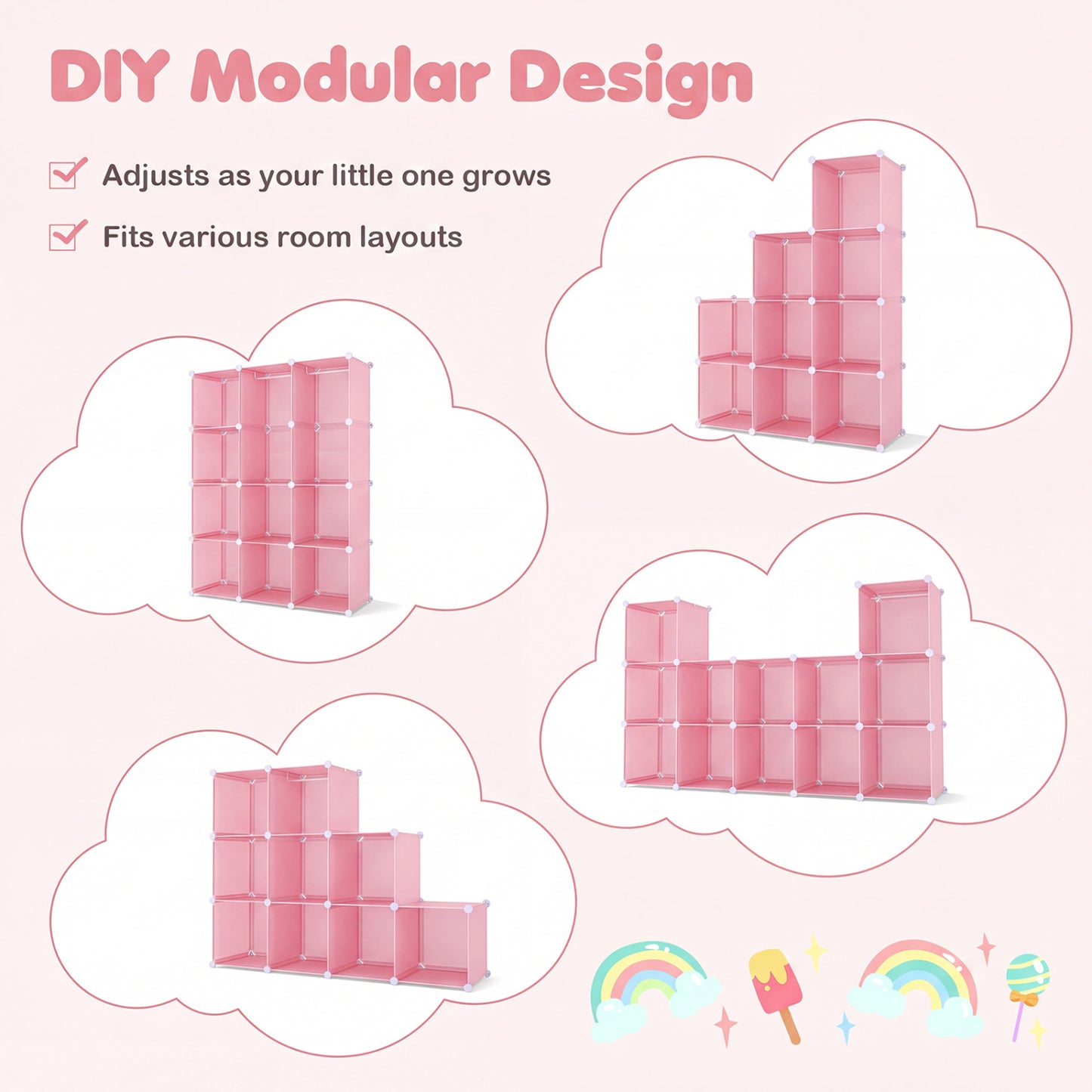 Modular Baby Wardrobe with 10 Cubes & Hanging Rod and Shelves Stackable, Pink