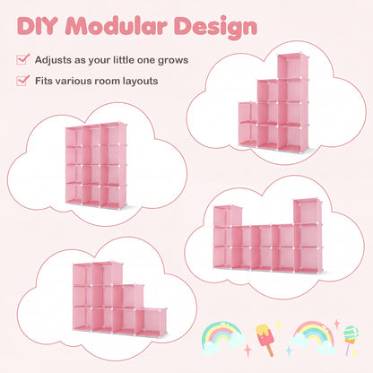 Modular Baby Wardrobe with 10 Cubes & Hanging Rod and Shelves Stackable, Pink