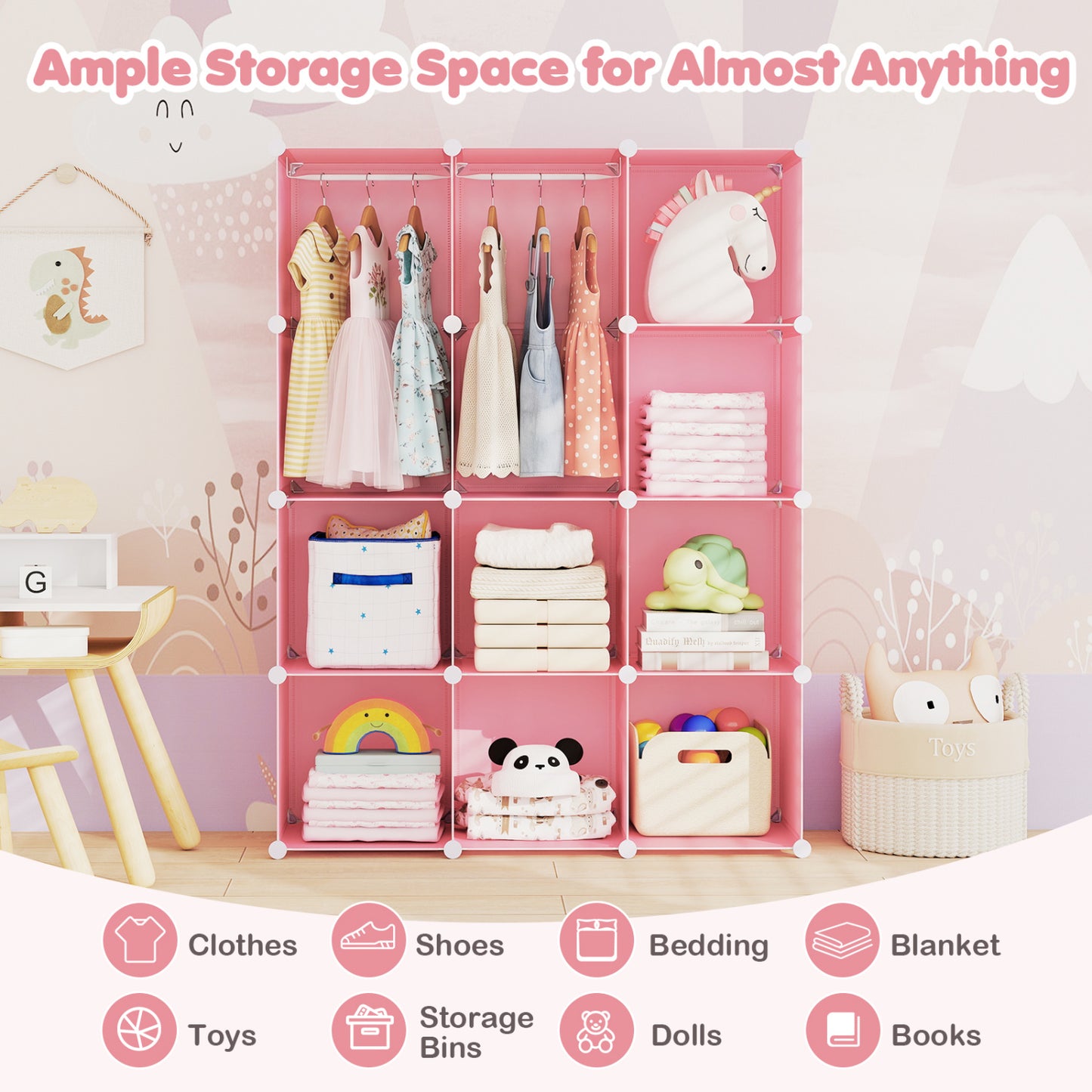 Modular Baby Wardrobe with 10 Cubes & Hanging Rod and Shelves Stackable, Pink