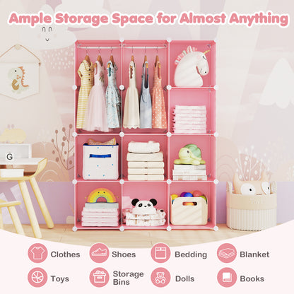 Modular Baby Wardrobe with 10 Cubes & Hanging Rod and Shelves Stackable, Pink
