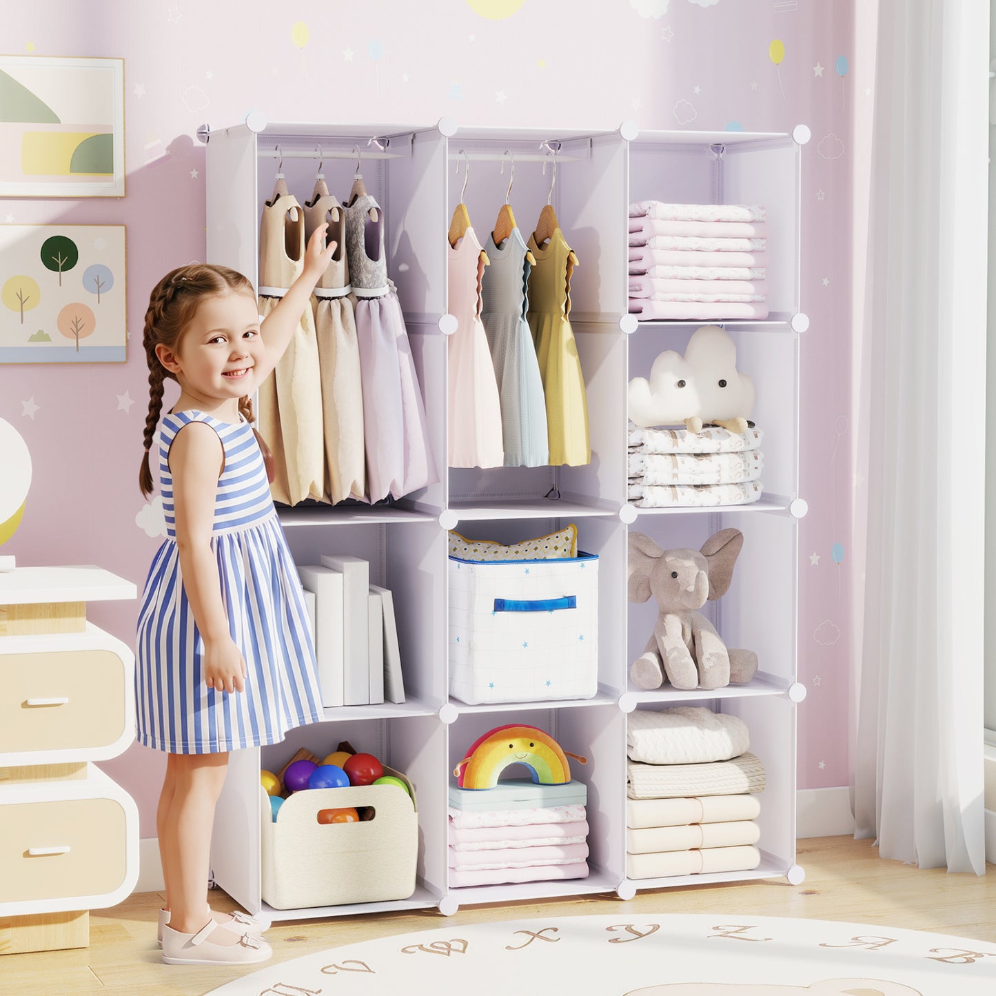 Modular Baby Wardrobe with 10 Cubes & Hanging Rod and Shelves Stackable, White