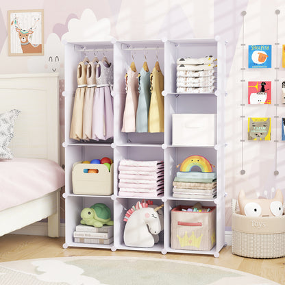 Modular Baby Wardrobe with 10 Cubes & Hanging Rod and Shelves Stackable, White