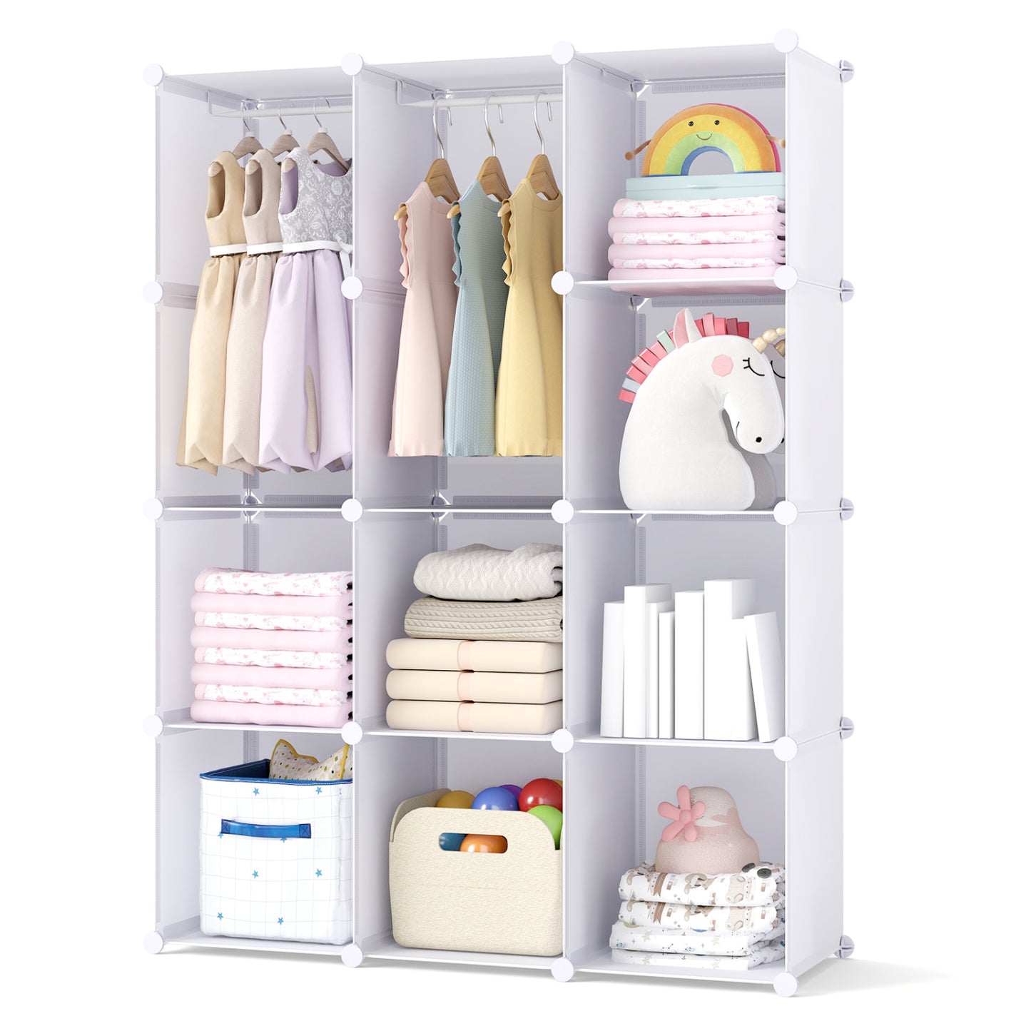 Modular Baby Wardrobe with 10 Cubes & Hanging Rod and Shelves Stackable, White