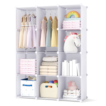 Modular Baby Wardrobe with 10 Cubes & Hanging Rod and Shelves Stackable, White
