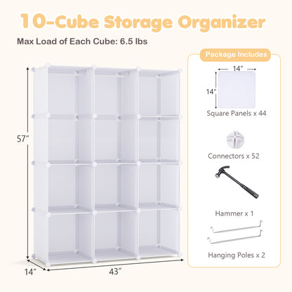 Modular Baby Wardrobe with 10 Cubes & Hanging Rod and Shelves Stackable, White